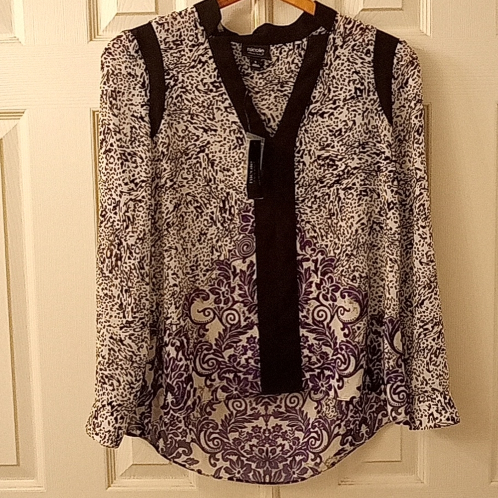 Long sleeve blouse sheer, black, white, blue
